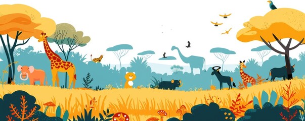 African savannah landscape during sunset featuring giraffes and flying birds, symbolizing peace and the beauty of nature. illustrative style, banner