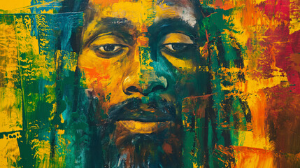 Vibrant Rasta Portrait. Colorful Abstract Painting. Reggae Inspired Artwork. Multicolored Portrait...