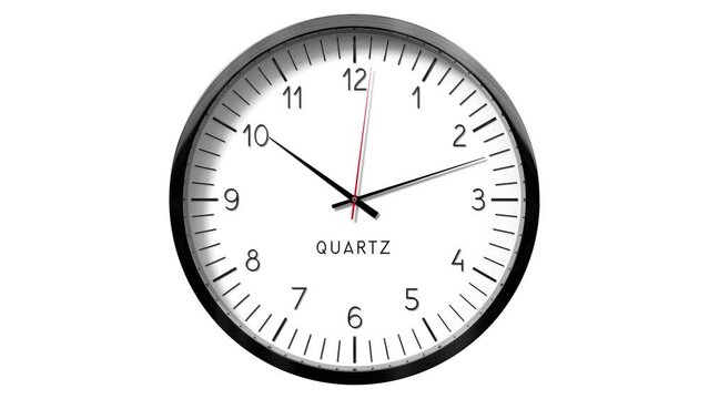 Classic wall clock on white background - 10 to 11 o clock - 3D 4k animation (3840 x 2160 px)