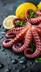 Grilled octopus on black plate  classic mediterranean seafood dish for seafood enthusiasts