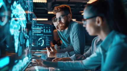 IT specialists collaborate in a high-tech environment, analyzing and discussing complex data displayed on a large screen. AIG41