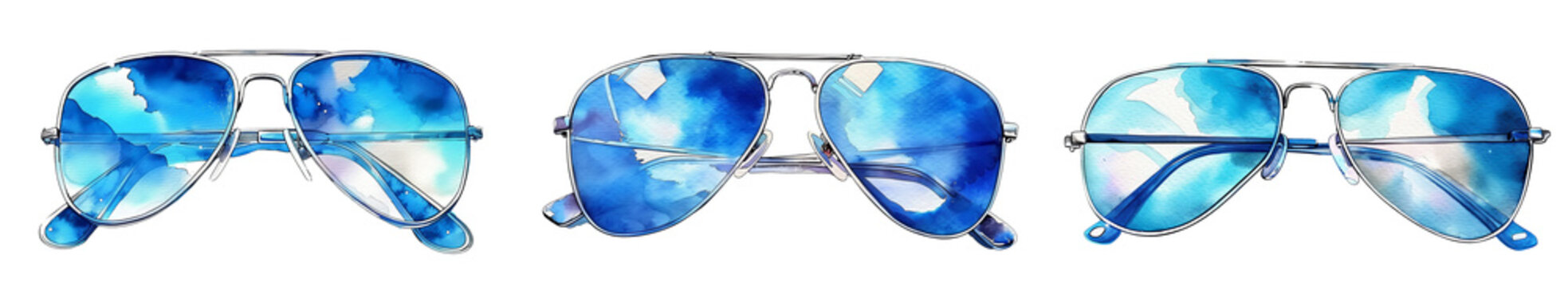 Watercolor Blue Glass Aviator Sunglasses Clipart: White Isolated Background