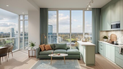 Fototapeta premium Chic scandinavian studio in light pastel colors, big window, living area, kitchen, and bed