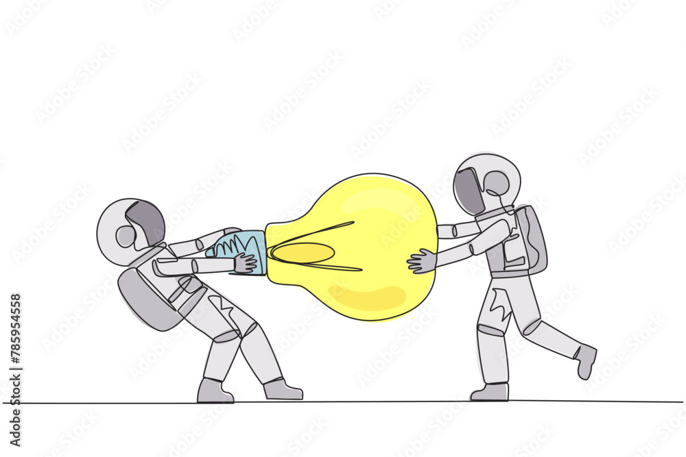 Poster single continuous line drawing two angry astronaut fighting over lightbulb. both of them differed, f