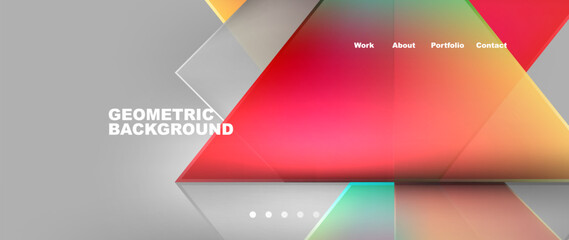 A modern geometric background featuring colorful triangles on a sleek gray backdrop. The triangles create a vibrant display of tints and shades, including magenta, electric blue, and carmine