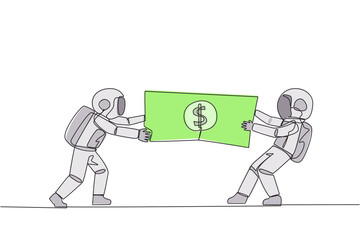 Single continuous line drawing two angry astronaut fighting over banknotes. Fight over the capital provided by the government to selected cosmonauts. Rival. Cosmic. One line design vector illustration