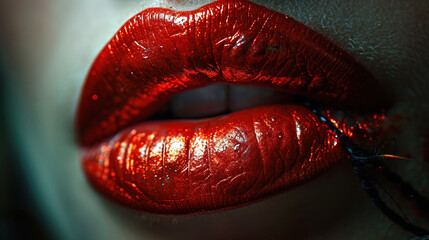 A Pretty Women Red Wet Lips With Dark Red Color Lipstick Blurry Background