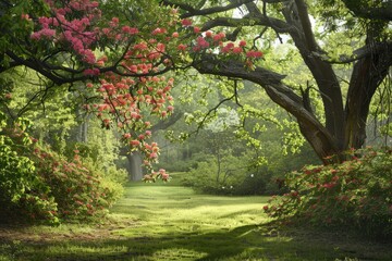 Beautiful summer garden with blooming flowers and tree in the morning