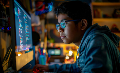 Teenager coding on a computer, with snippets of code visible on the screen, representing the importance of digital literacy and programming skills.