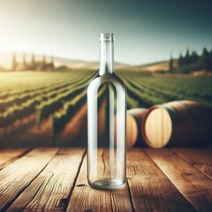 Bottle of wine empty glass on vineyard background concept