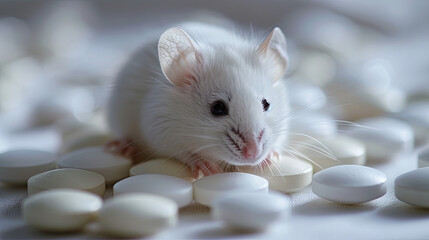 White mouse on the pills background, animal test in laboratory