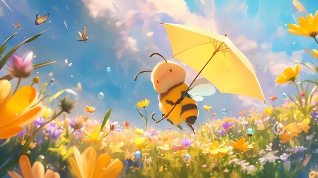 Cartoon of Bee with umbrella in the flower fields. Concept of world bee day.
