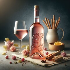 Pink wine and cup glass concept bottle beverage rustic elegance luxury decoration