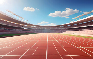 A stadium running track on a bright sunny day with bright blue sky