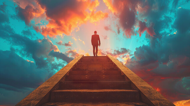 A businessman walks up the stairs to his goal