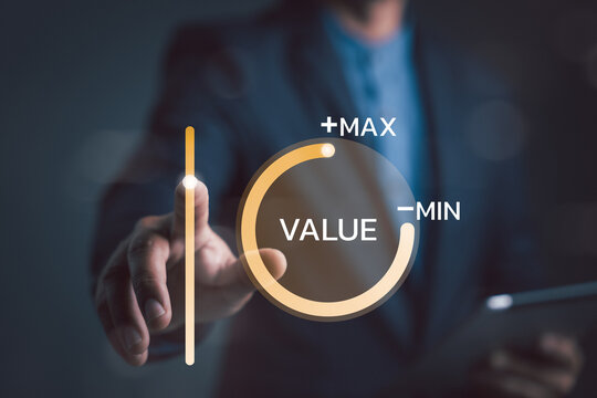 Businessman touching virtual screen process icon progress for increasing value added to business product and service concepts. benefit growth and development in business. Quality control. Value up