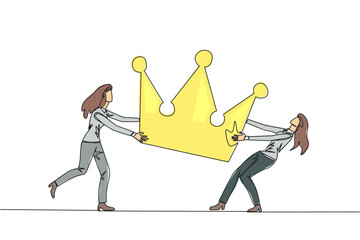 Continuous one line drawing two emotional businesswoman fighting over crown. Fighting for become the most successful and respected businesswoman. Conflict. Single line draw design vector illustration