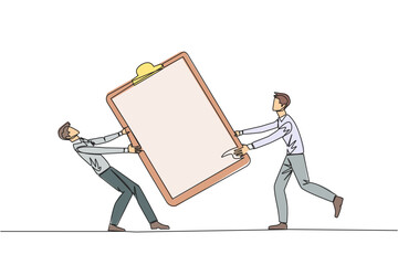 Single one line drawing two angry businessman fighting over the big clipboard. Useful to make it easier to check reports. Businessman conflict. Aggressive. Continuous line design graphic illustration