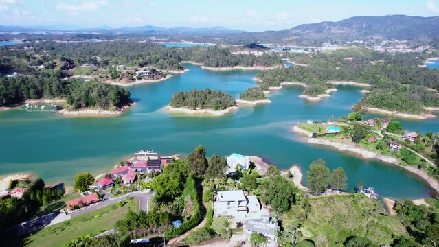 Guatape Lake, Colombia, Aerial View of Stunning Landscape, Waterfront Homes and Water Reservoir
