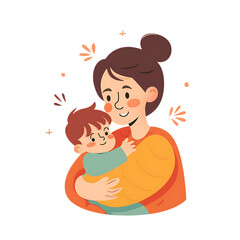  A mother holding her child with a happy expression on white background
