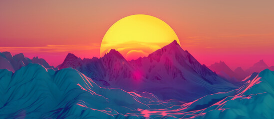 Sunset scene mountain range with colorful art 3d concept nature background