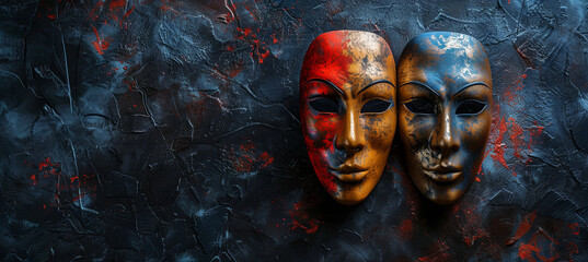 Theater masks drama and comedy on a dark background - obrazy, fototapety, plakaty