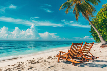 two beach chairs sit under a palm tree on a sunny day