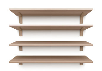 3D wooden shelves set isolated on white background. Vector realistic illustration of blank decorative wall shelf, home, office, shop furniture with empty surface, interior design elements, oak texture © klyaksun