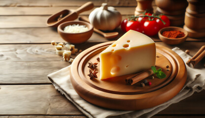 Composition with cheese in warm light with vegetables and spices