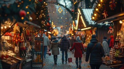 A charming holiday market bustling with shoppers, browsing stalls filled with handcrafted gifts and seasonal treats. 8k, realistic, full ultra HD, high resolution, and cinematic - obrazy, fototapety, plakaty