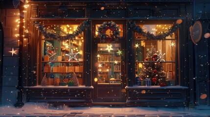 A charming storefront window decorated with festive displays, drawing passersby into the holiday spirit with its twinkling lights and cheerful scenes.  - obrazy, fototapety, plakaty