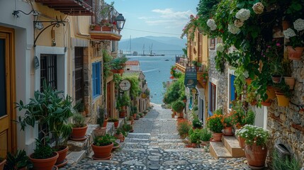 Fototapeta premium Historic Streets: Photograph narrow cobblestone streets lined with historic buildings