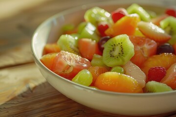 Fruit salad in a bowl on a wooden table