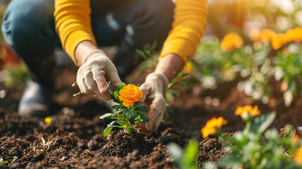 hands of a gardener, clothed in gloves, delicately placing flowers into the fertile soil of a sun-drenched garden