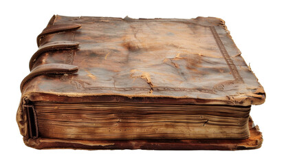 Vintage book with leather cover and straps, worn pages isolated on transparent background