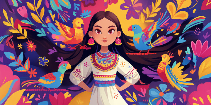 Mexican 5 year old girl with long dark hair, wearing an embroidered white dress and pink earrings surrounded by colorful birds in the style of folk art inspired illustrations