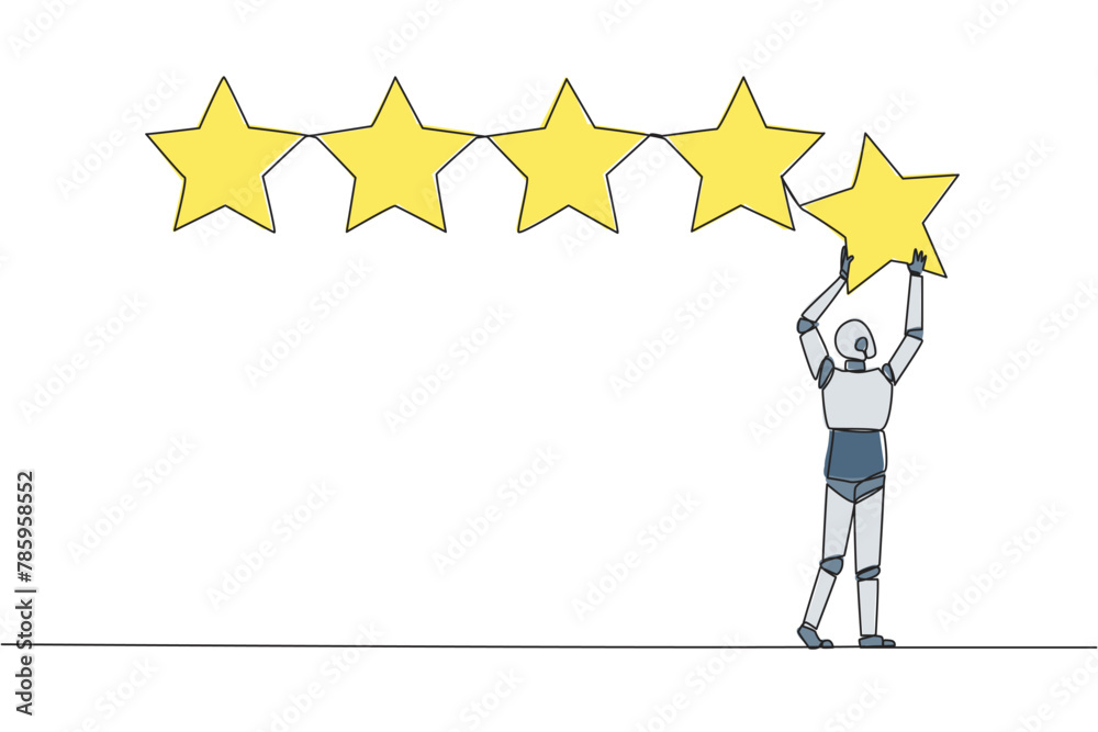 Poster single continuous line drawing robot holding up a star with both hands and pasting it up to make 5 s