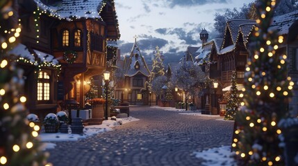 A charming village square alive with the sounds of carolers singing and children laughing, surrounded by festive decorations and twinkling light