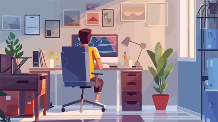 Modern teenager guy room with workplace. Male man des - obrazy, fototapety, plakaty