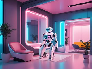 Futuristic Robot in a Modern Living Room Illuminated by Neon Light.