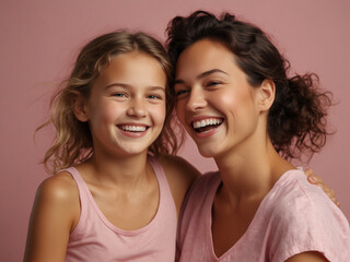 Sweet Affection, Mother and Daughter Portrait in Studio Lighting Against Pink Background