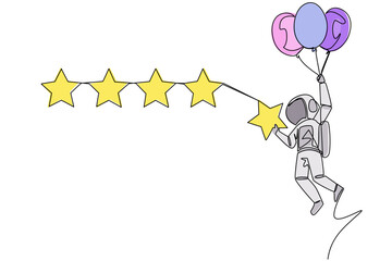 Single one line drawing young astronaut flying with balloon carry 1 star and want to align it with the other 4 stars. Trying to give perfect rating. Cosmic. Continuous line design graphic illustration