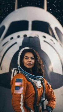 a young woman in a astronauts suit standing in front of a space shutt