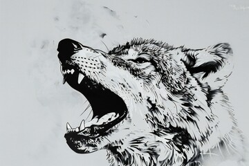 Wolf painting on paper,  Hand drawn illustration,  Black and white