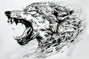Wolf head tattoo design on white background,  Hand drawn illustration of wolf head tattoo