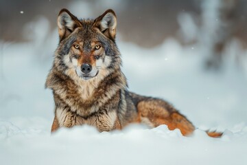 Portrait of a wolf in the winter forest,  Animal in nature