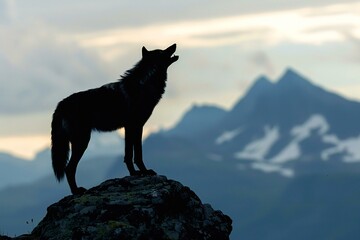 Silhouette of a wolf standing on a rock in front of a mountain