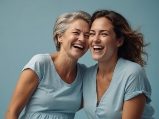 Connection in Blue, Mother and Daughter Portrait with Studio Lighting - obrazy, fototapety, plakaty