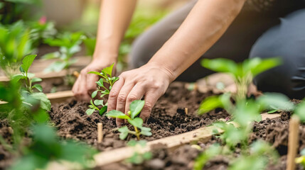 the nurturing moment of hands carefully planting a young seedling into rich, brown garden soil