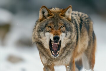 Close-up portrait of a wolf howling in the snow